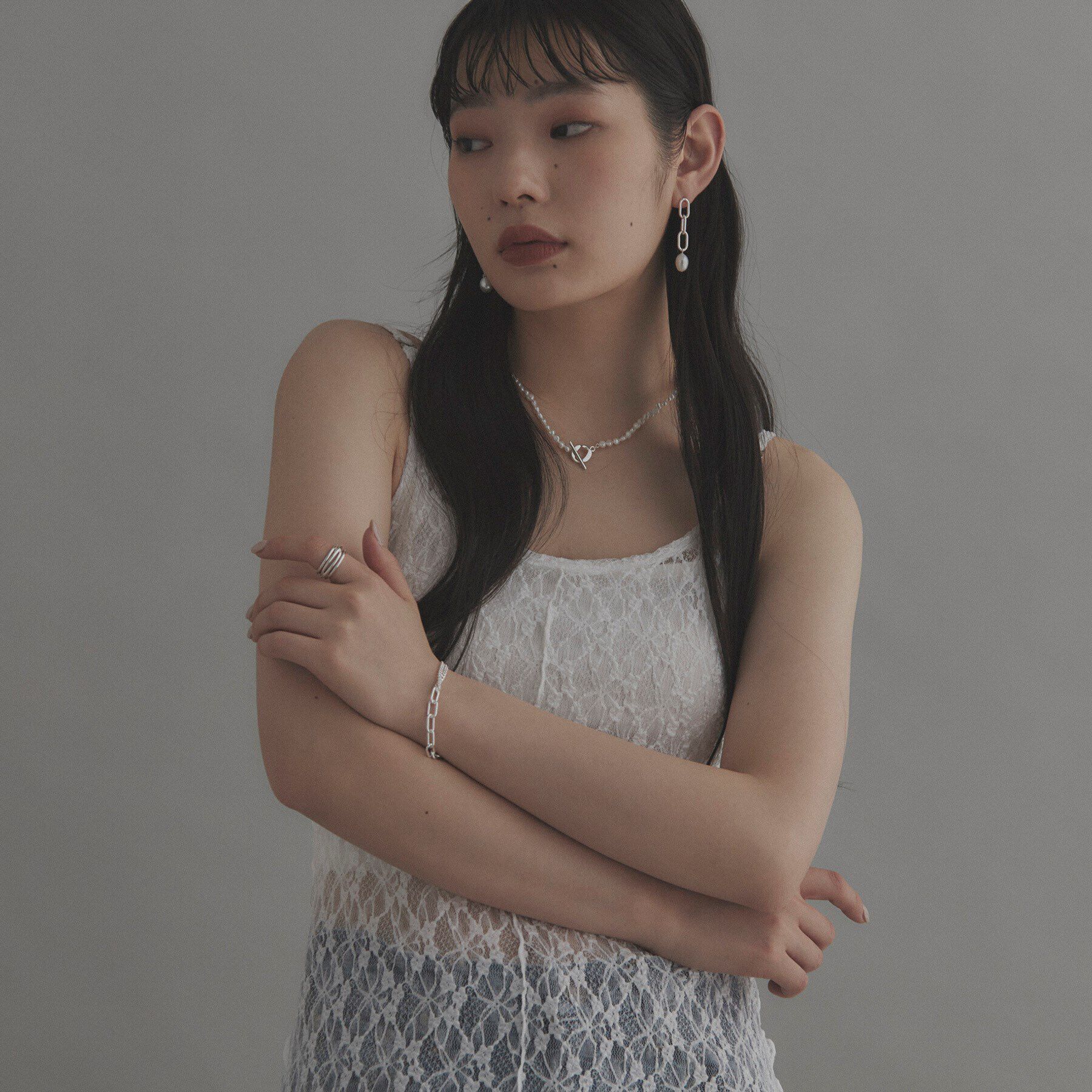 COCOSHNIK ONKITSCH「シルバー ミックスチェーン ケーブルカーブ ドレープ ブレスレット」|ブレスレット・バングル|