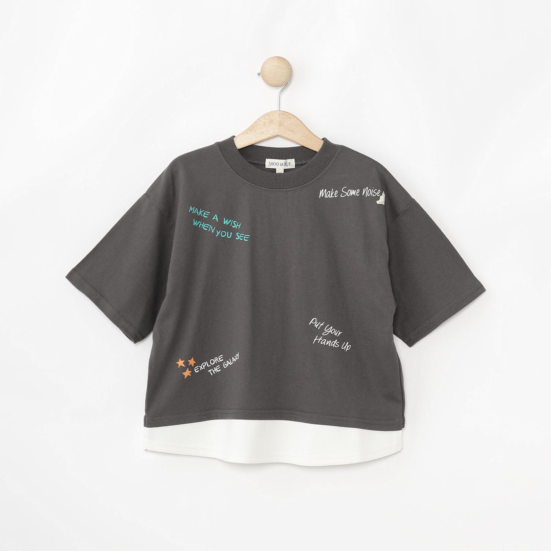 SHOO･LA･RUE「【100-150cm】アソートプリント裾レイヤード五分袖Tシャツ」|Tシャツ・カットソー|チャコールグレー(0