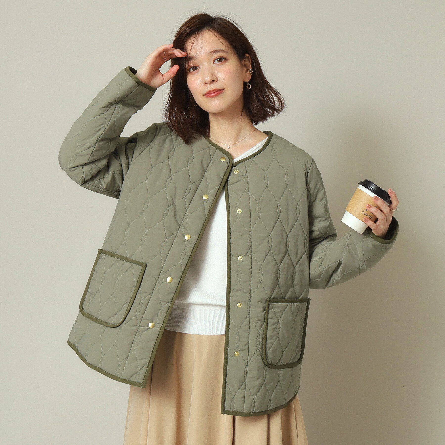 ITS&rsquo;DEMO「【薄中綿／厚手ニットもOK】キルトジャケット」|ブルゾン・スタジャン|オリーブグリーン(0