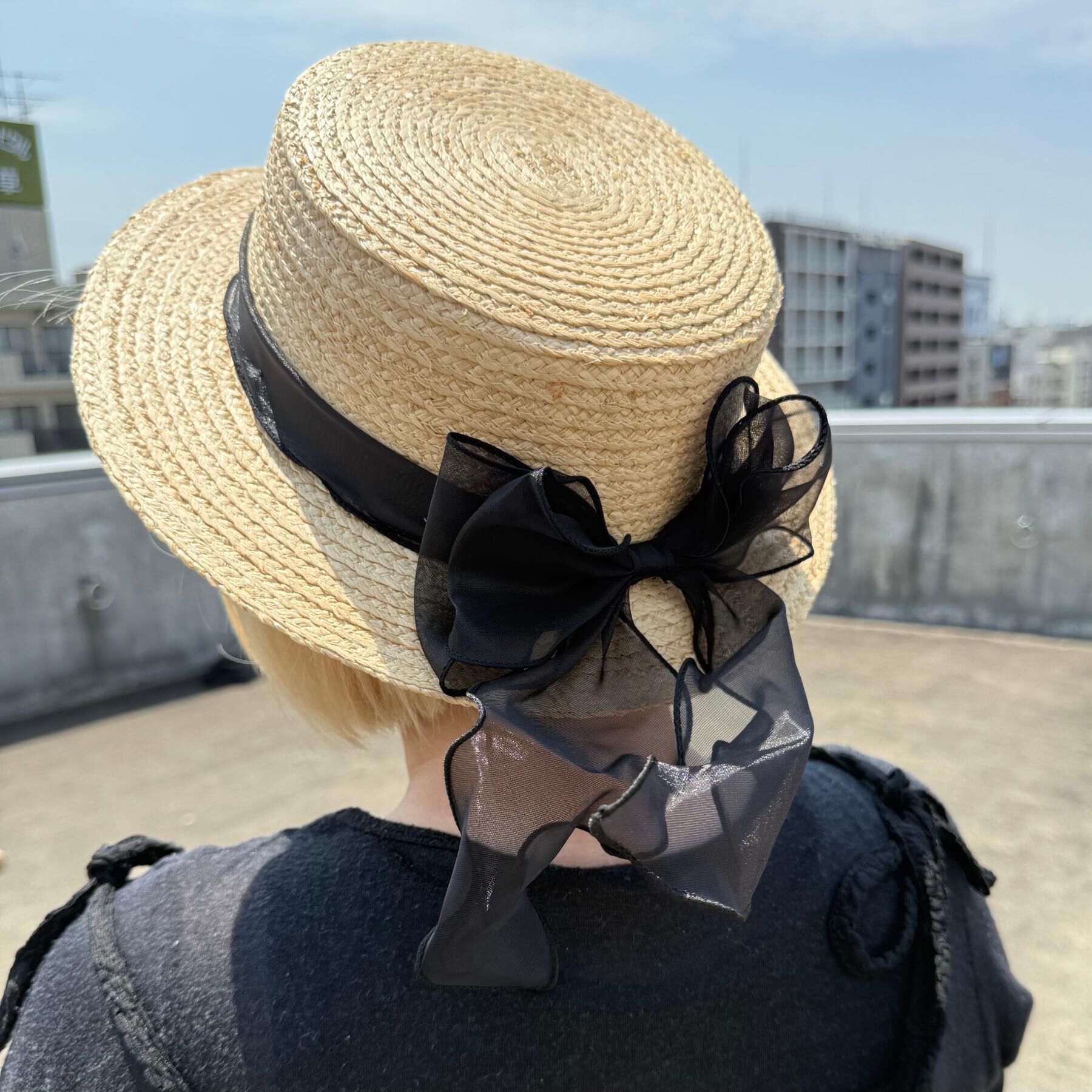 Grandedge「カンカン帽オーガンジーリボン」|ハット|ブラック(319)