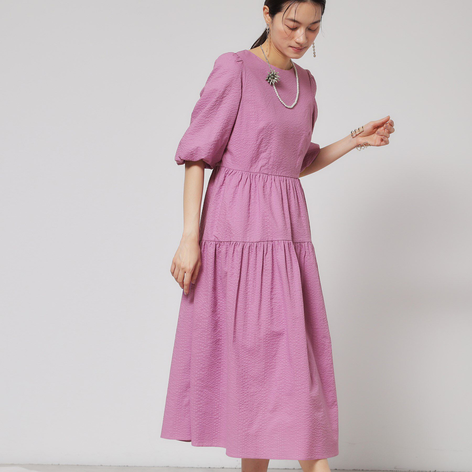 SunaUna「【涼し気！／サッカー素材】パフスリーブワンピース」|ワンピース|