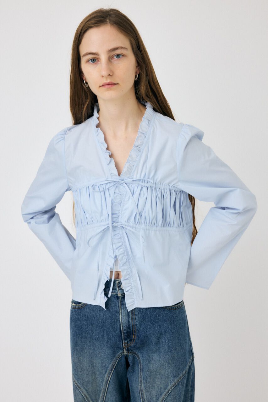 MOUSSY「FRONT RIBBON GATHER ブラウス」|シャツ・ブラウス|L/BLU1