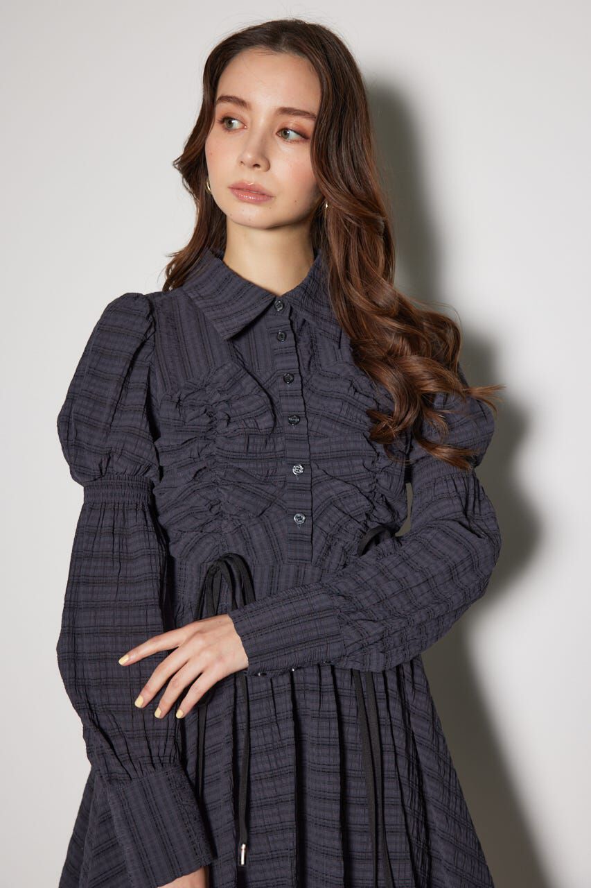 rienda「フロントシャーリングリボンミニシャツフレアワンピース」|ワンピース|