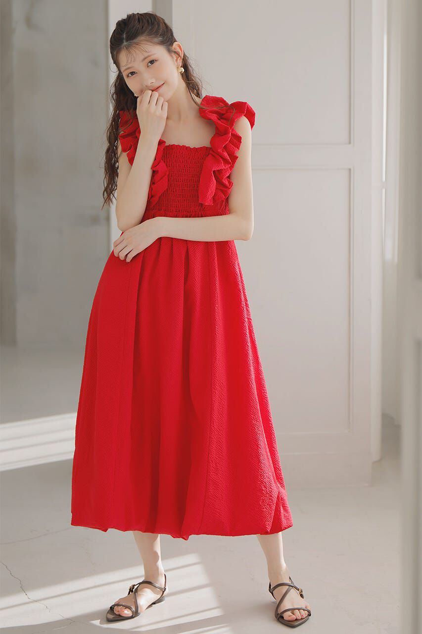 rienda「バルーンフリルスリーブワンピース」|ワンピース|RED