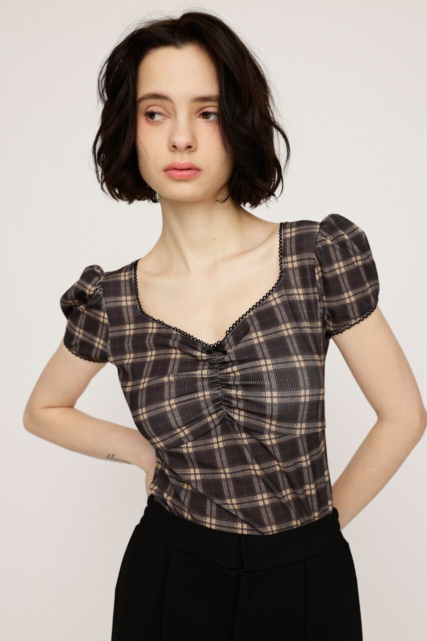 SLY「CHECK PRINT PUFF SLEEVE トップス」|Tシャツ・カットソー|