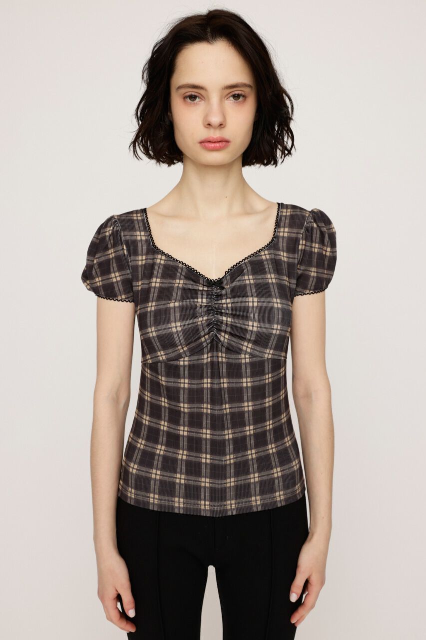 SLY「CHECK PRINT PUFF SLEEVE トップス」|Tシャツ・カットソー|
