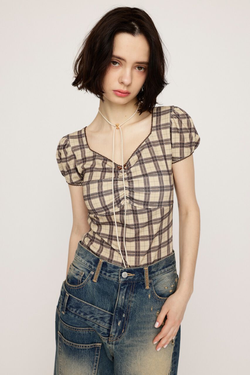 SLY「CHECK PRINT PUFF SLEEVE トップス」|Tシャツ・カットソー|M/BEG7
