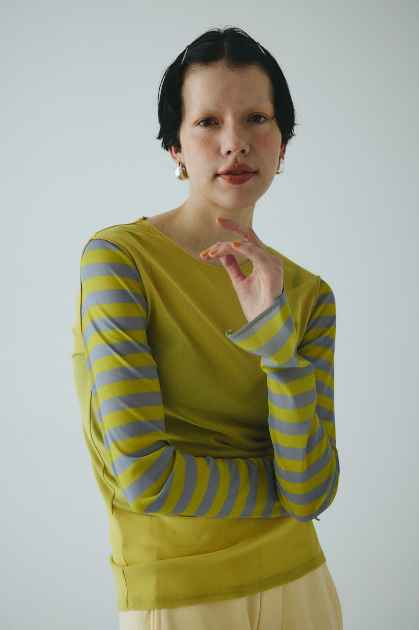 HeRIN.CYE「Border sleeve mesh inner tops」|Tシャツ・カットソー|柄YEL5