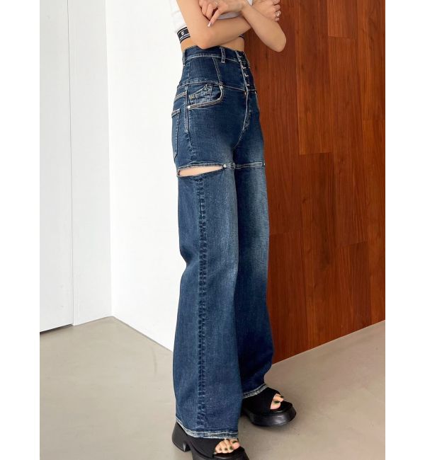 EMODA「ハイスリットハイウエストワイドジーンズ」|デニム|