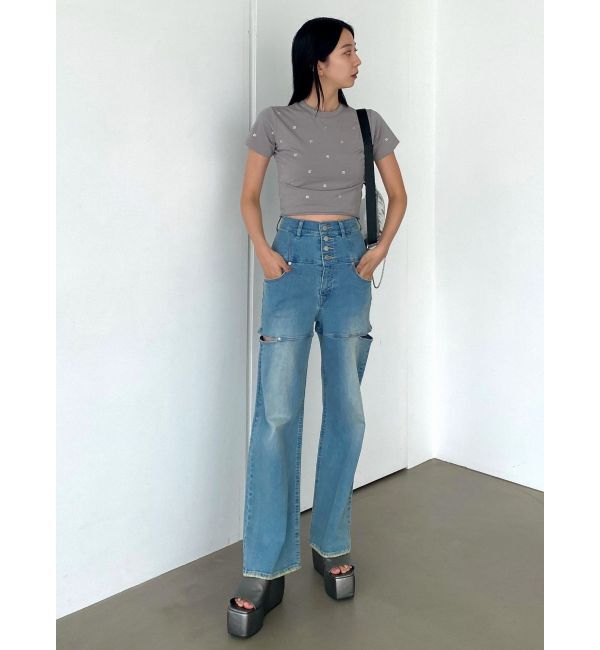 EMODA「ハイスリットハイウエストワイドジーンズ」|デニム|