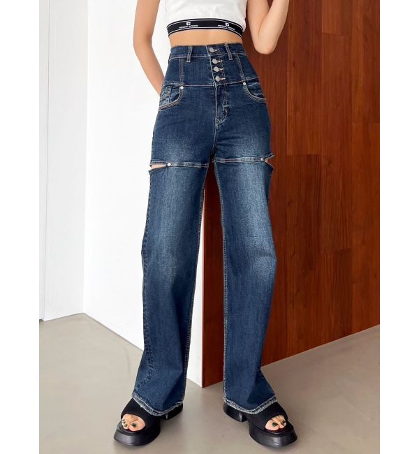 EMODA「ハイスリットハイウエストワイドジーンズ」|デニム|インディゴ