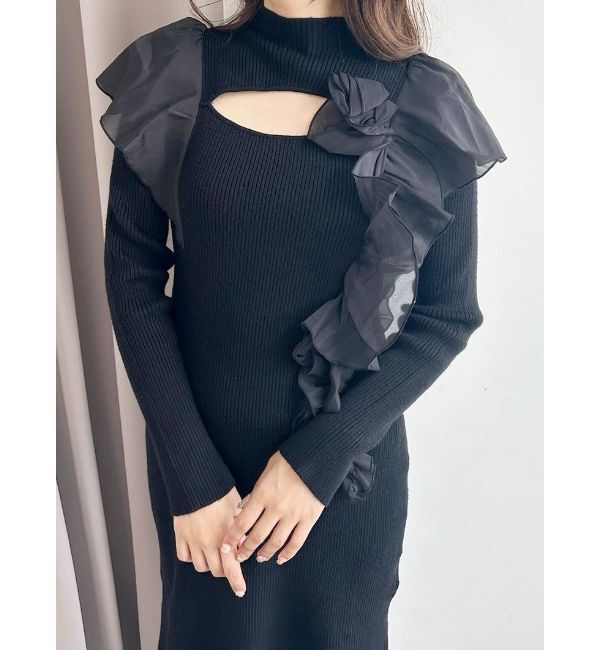 MERCURYDUO「異素材コサージュニットワンピース」|ワンピース|