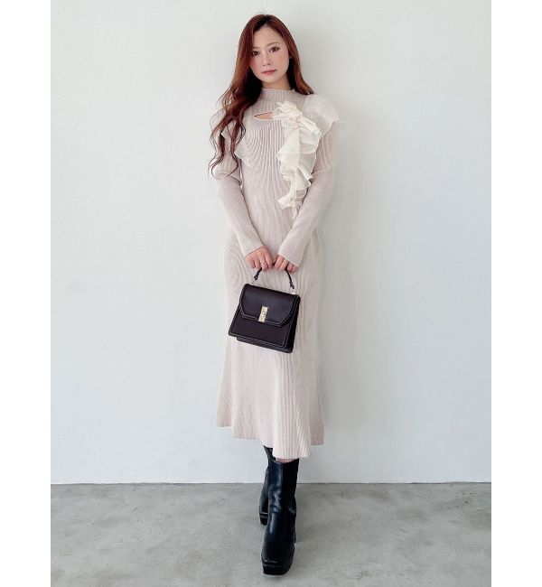 MERCURYDUO「異素材コサージュニットワンピース」|ワンピース|