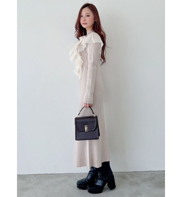 MERCURYDUO「異素材コサージュニットワンピース」|ワンピース|