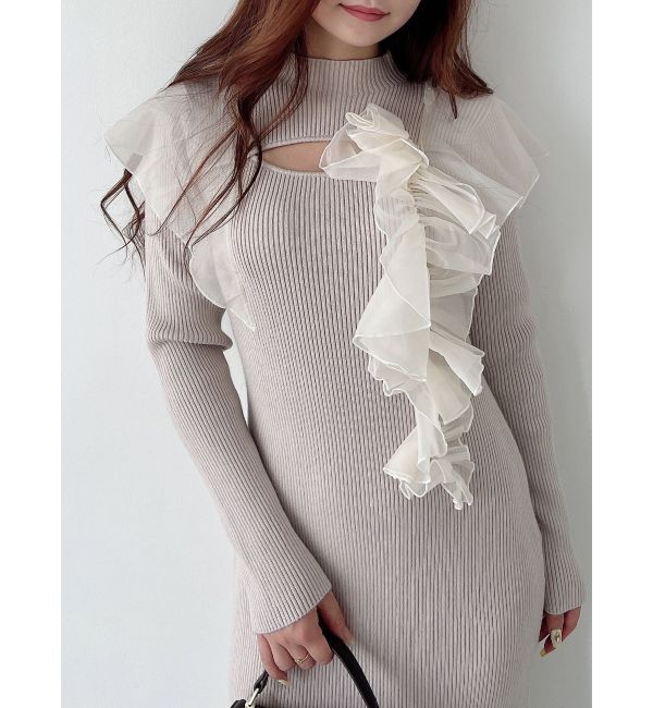 MERCURYDUO「異素材コサージュニットワンピース」|ワンピース|