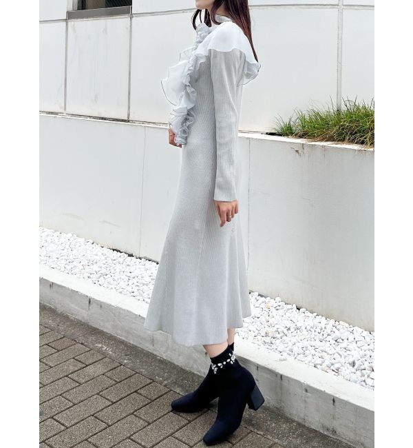 MERCURYDUO「異素材コサージュニットワンピース」|ワンピース|