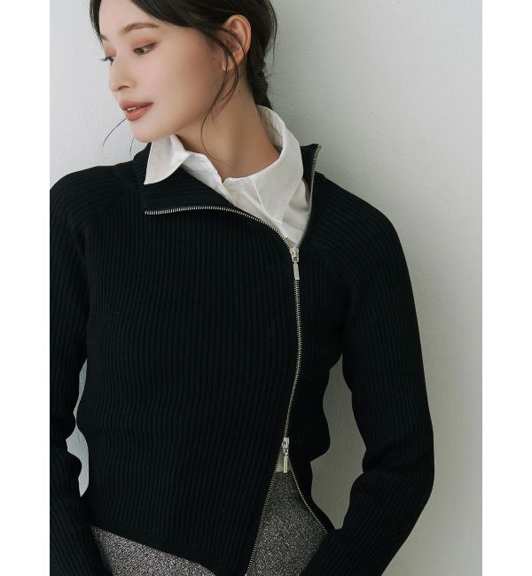 MERCURYDUO「【WEB限定カラーあり】ハイツイストアシメZIPニット」|ニット・セーター|ブラック