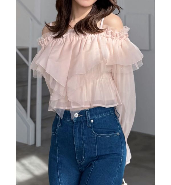 MERCURYDUO「オフショルラッフルブラウス」|シャツ・ブラウス|ピンク