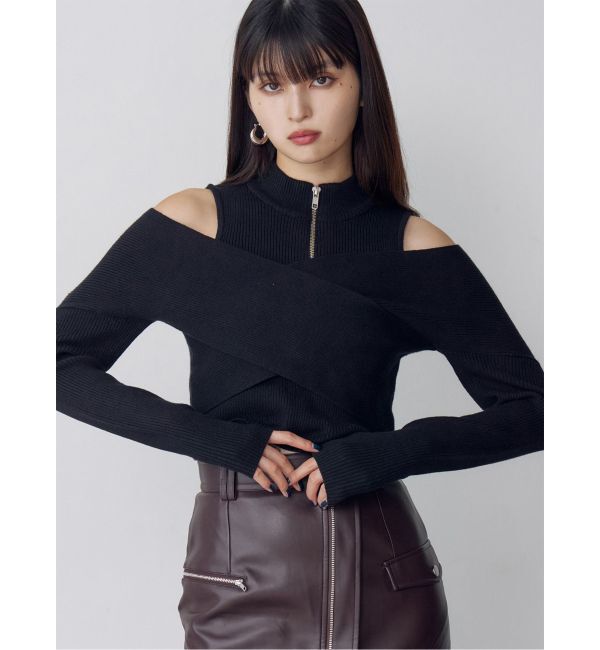 MURUA「カシュクールハーフジップトップス」|ニット・セーター|ブラック