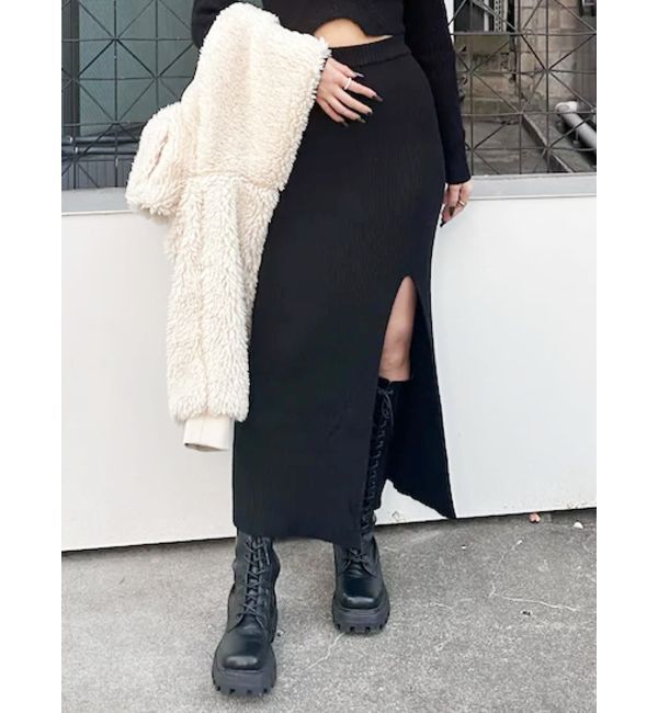 EVRIS「スリットロングニットスカート【セットアップ着用可能】」|スカート|ブラック