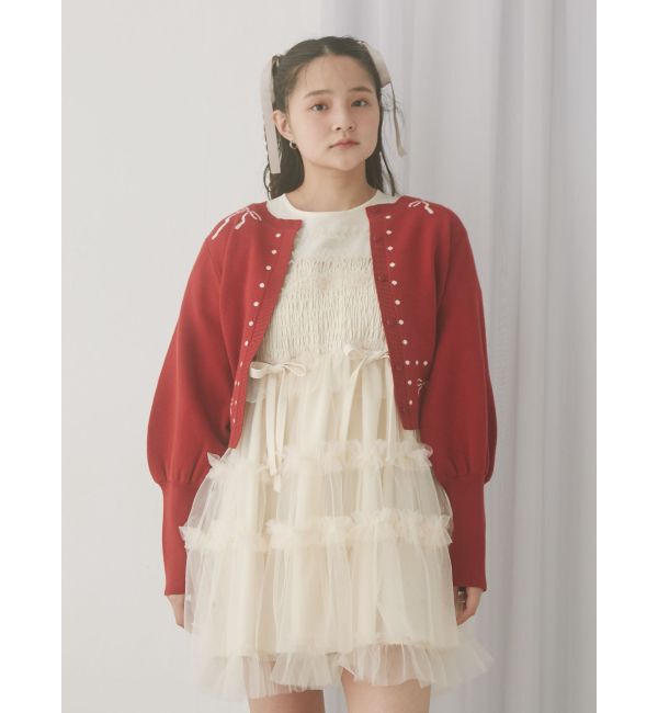 merry jenny「ribbon dotパフスリーブニットカーディガン」|カーディガン|