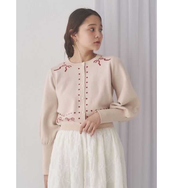merry jenny「ribbon dotパフスリーブニットカーディガン」|カーディガン|