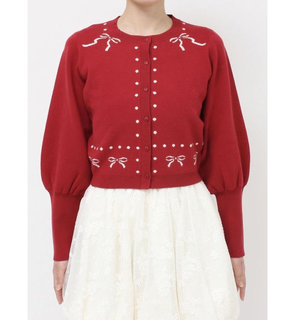 merry jenny「ribbon dotパフスリーブニットカーディガン」|カーディガン|
