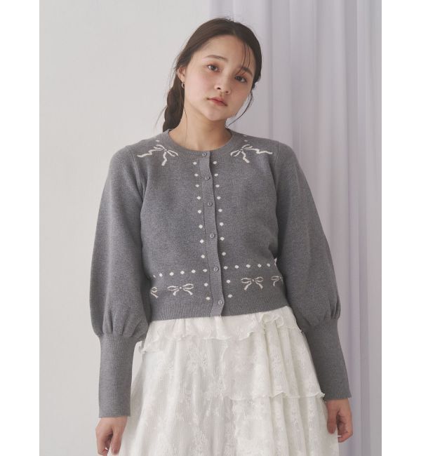 merry jenny「ribbon dotパフスリーブニットカーディガン」|カーディガン|