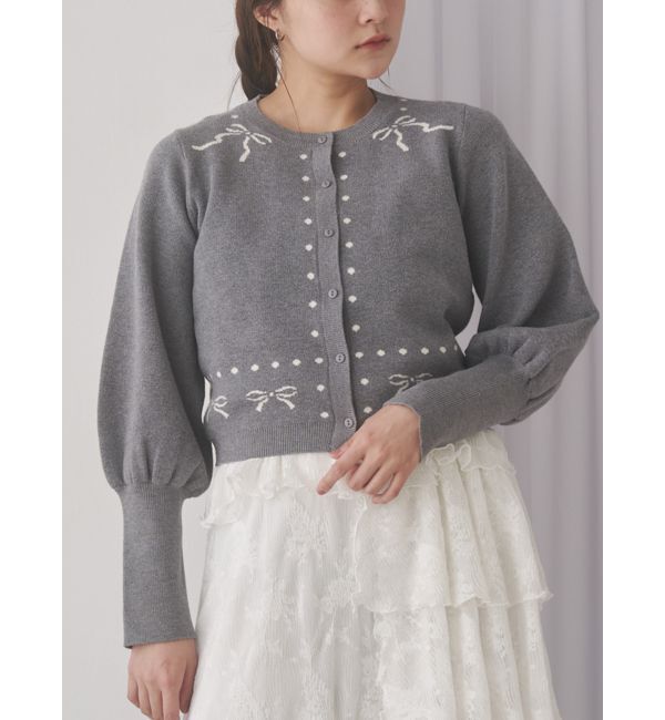 merry jenny「ribbon dotパフスリーブニットカーディガン」|カーディガン|グレー