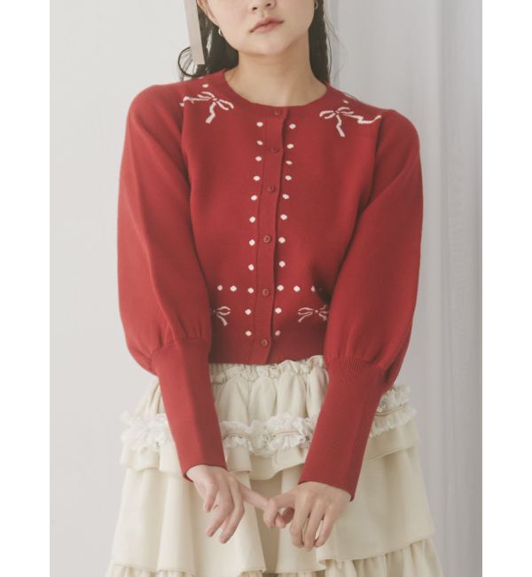 merry jenny「ribbon dotパフスリーブニットカーディガン」|カーディガン|レッド