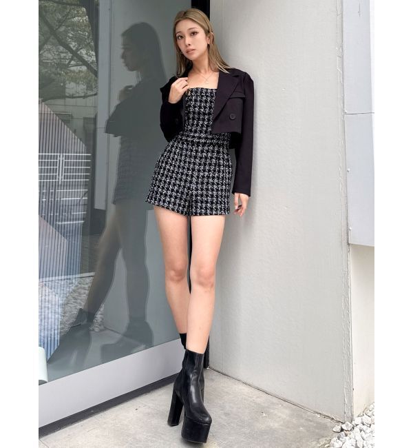 GYDA「ラメツイードショートロンパース」|オールインワン|