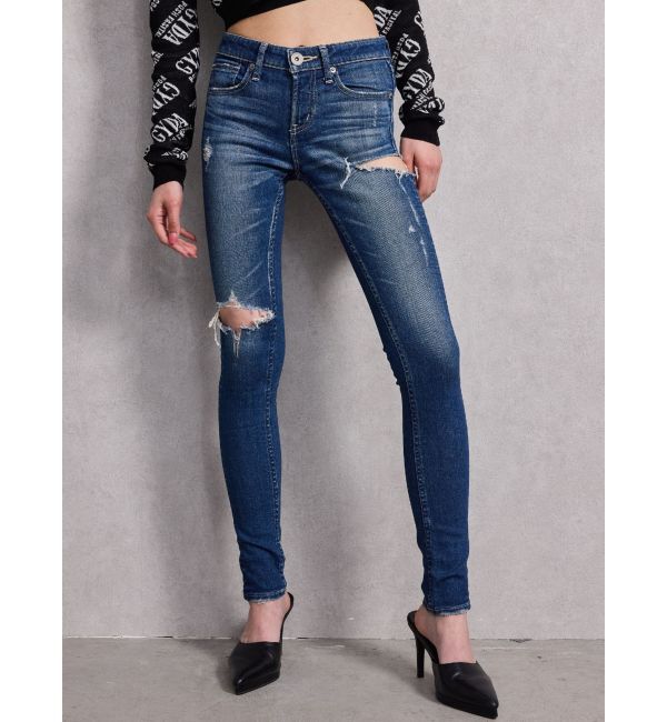 GYDA「ミドルウエストSIDE RIPPEDスキニーデニムパンツ」|デニム|インディゴ