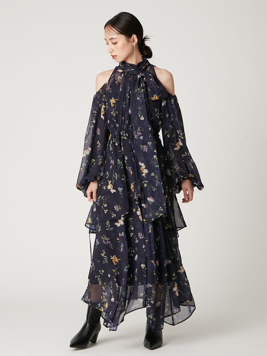 FRAY I.D「【00サイズ】フラワープリントオフショルティアードワンピース」|ワンピース|