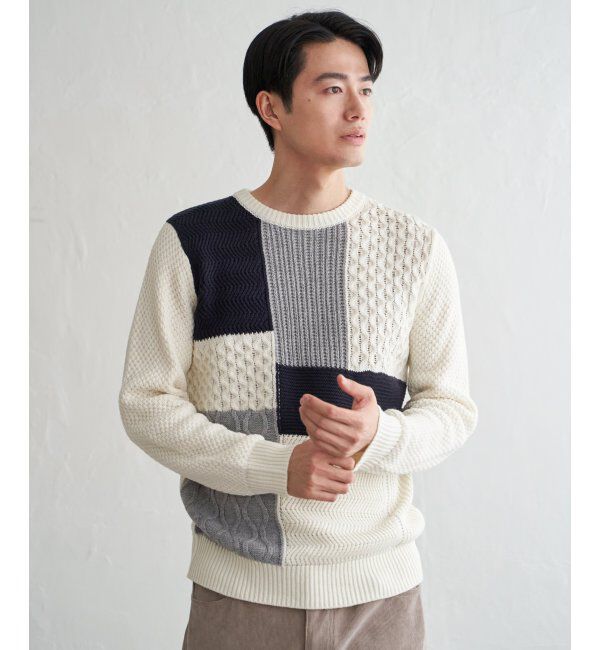 ikka「ブロックスクルーネックニット」|プルオーバー|オフホワイト