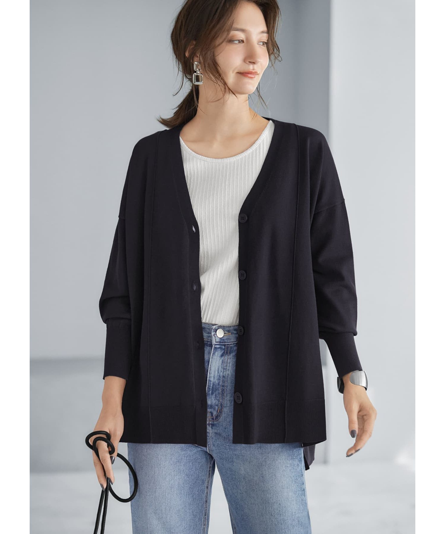 STYLE DELI「切替ワイドカーディガンB」|ニット・セーター|ネイビー