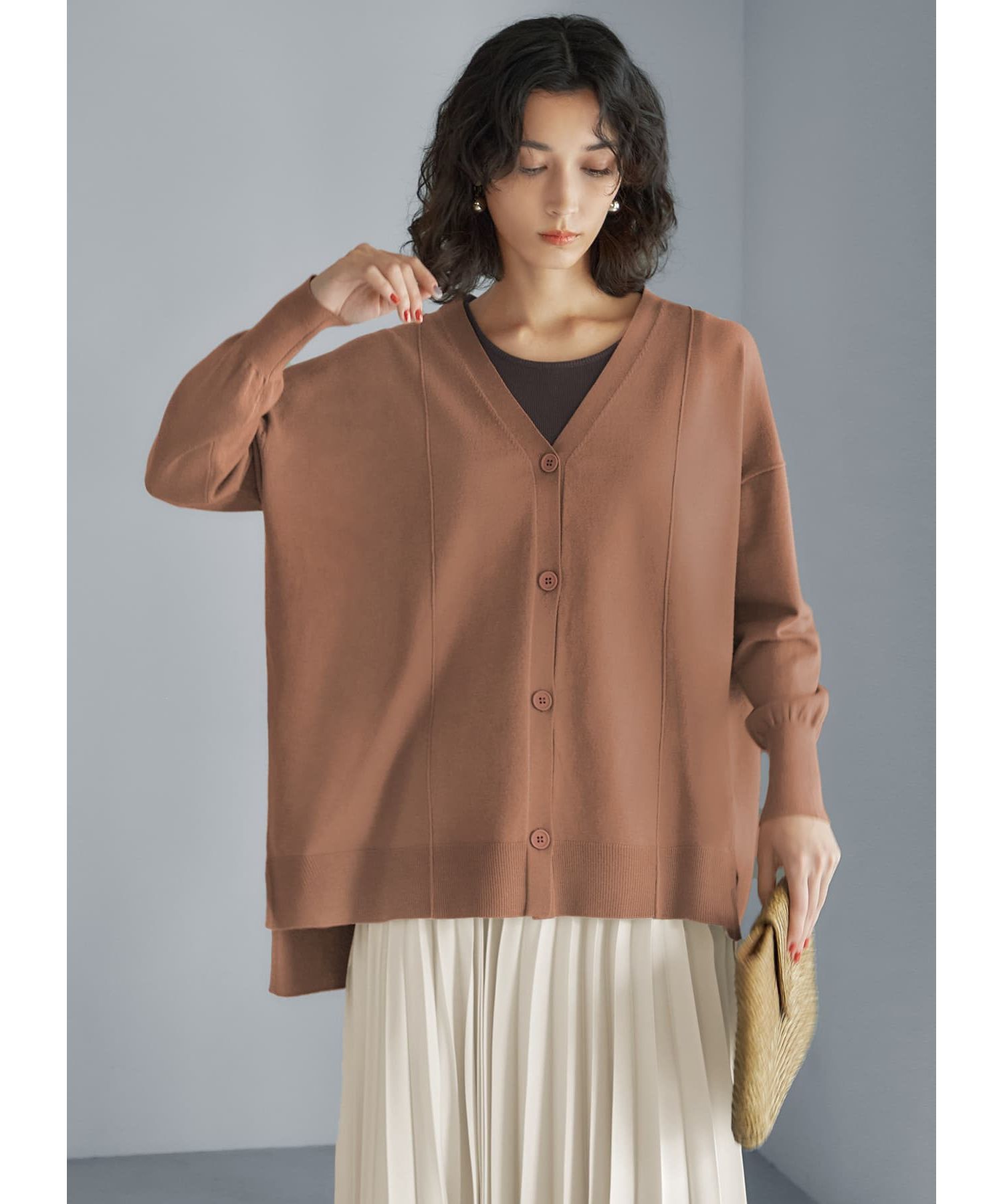 STYLE DELI「切替ワイドカーディガンB」|ニット・セーター|ライトブラウン
