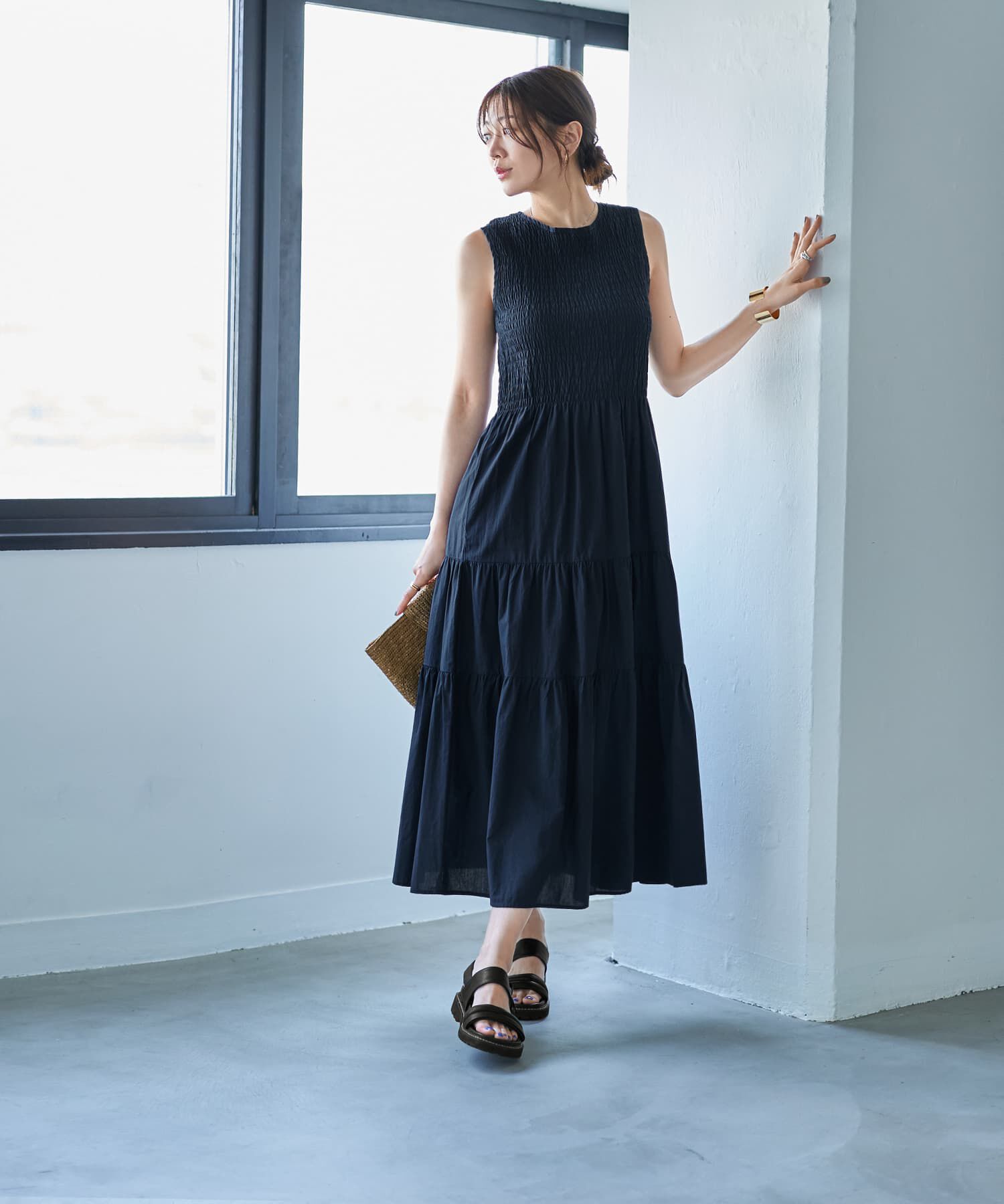 STYLE DELI「シャーリングコットンティアードワンピース」|ワンピース|ネイビー