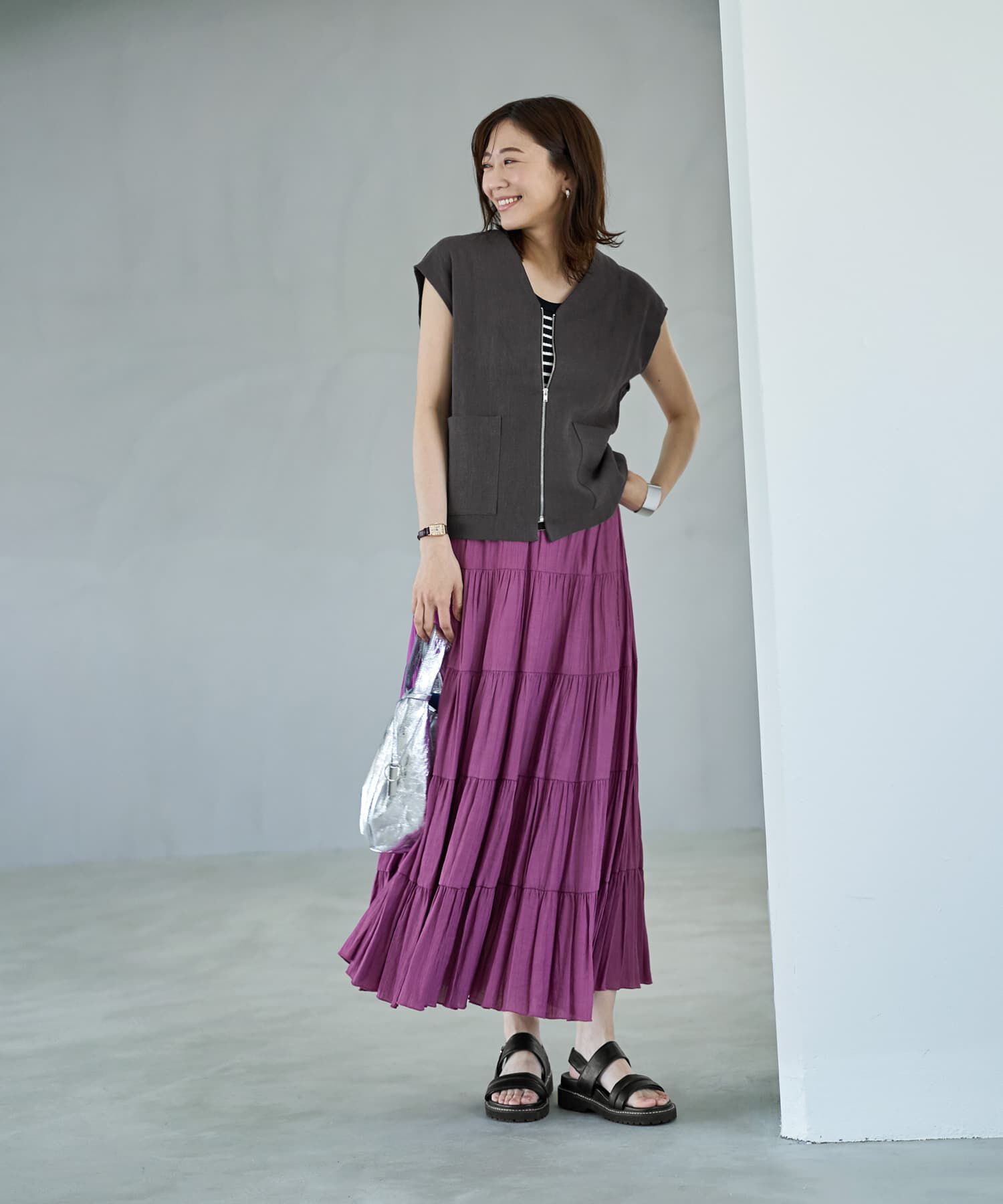 STYLE DELI「麻素材のベスト型サマージャケット」|ノーカラージャケット|