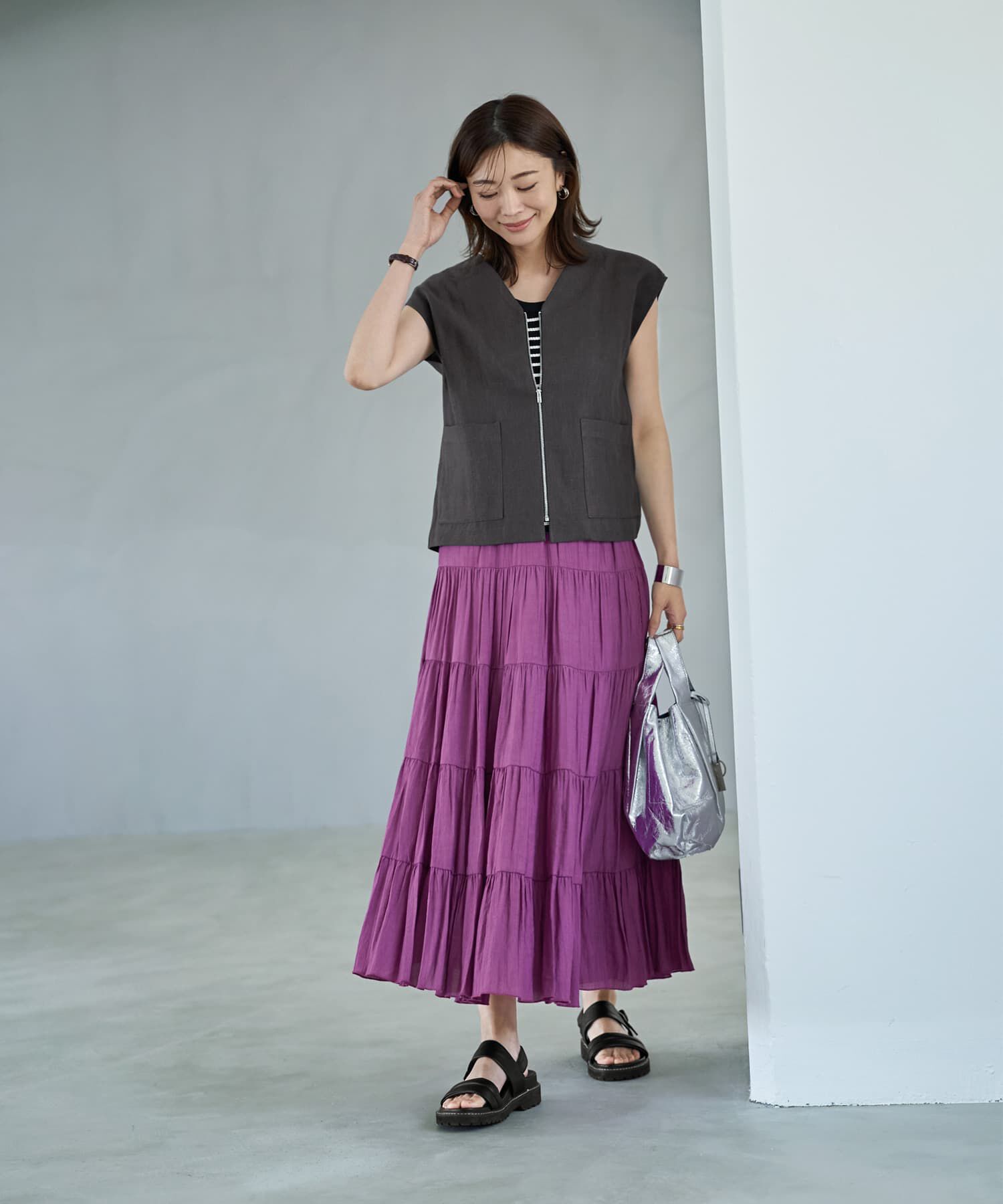 STYLE DELI「麻素材のベスト型サマージャケット」|ノーカラージャケット|