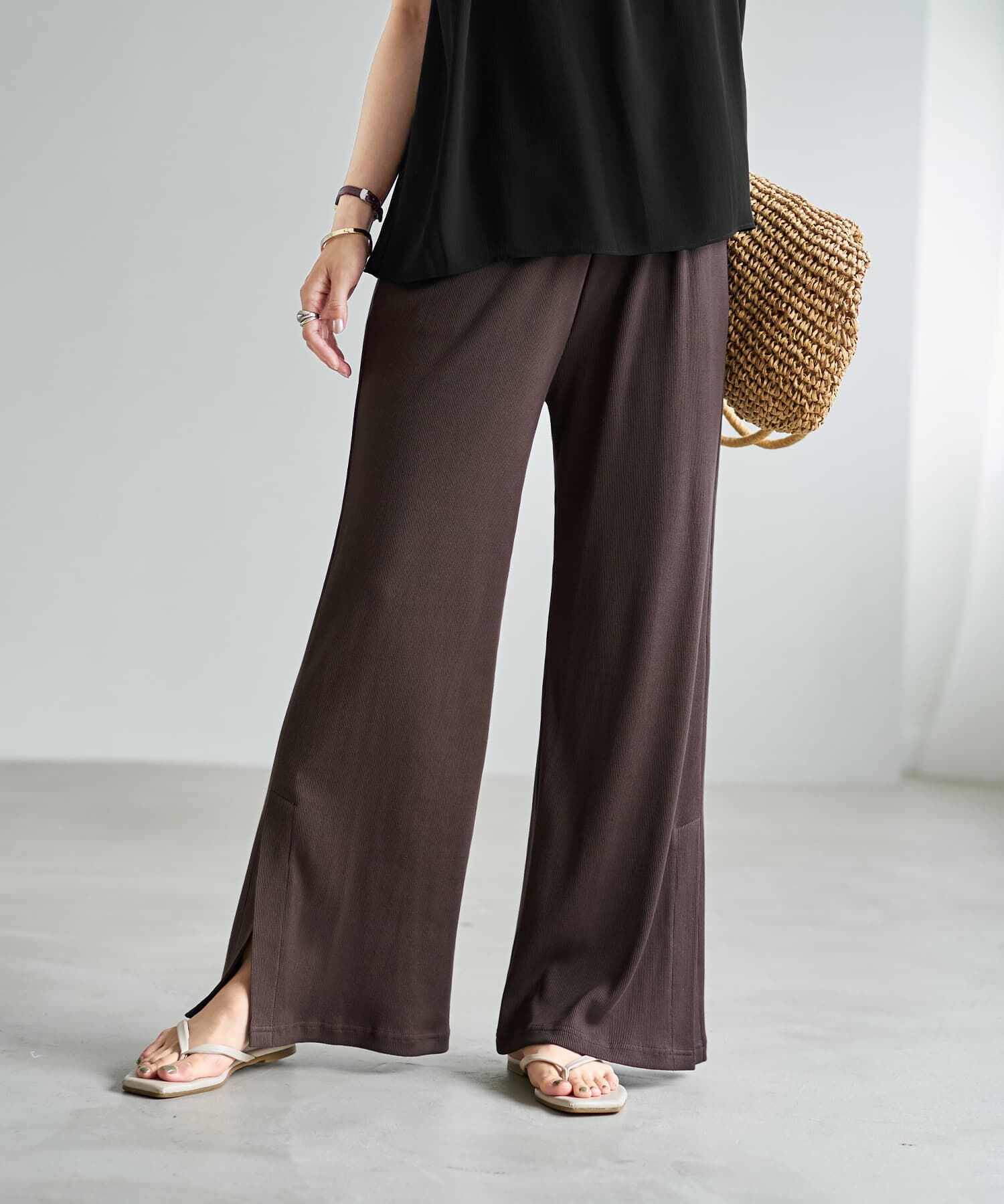 STYLE DELI「【Made in JAPAN】涼しい綿テレコ裾ベンツスリットパンツ」|その他|ブラウン