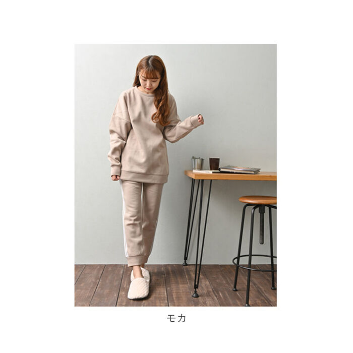 BACKYARD FAMILY「レディース ルームウェア セットアップ 冬 上下セット 長袖 通販 ラインパンツ プルオーバー」|ルームウェア|