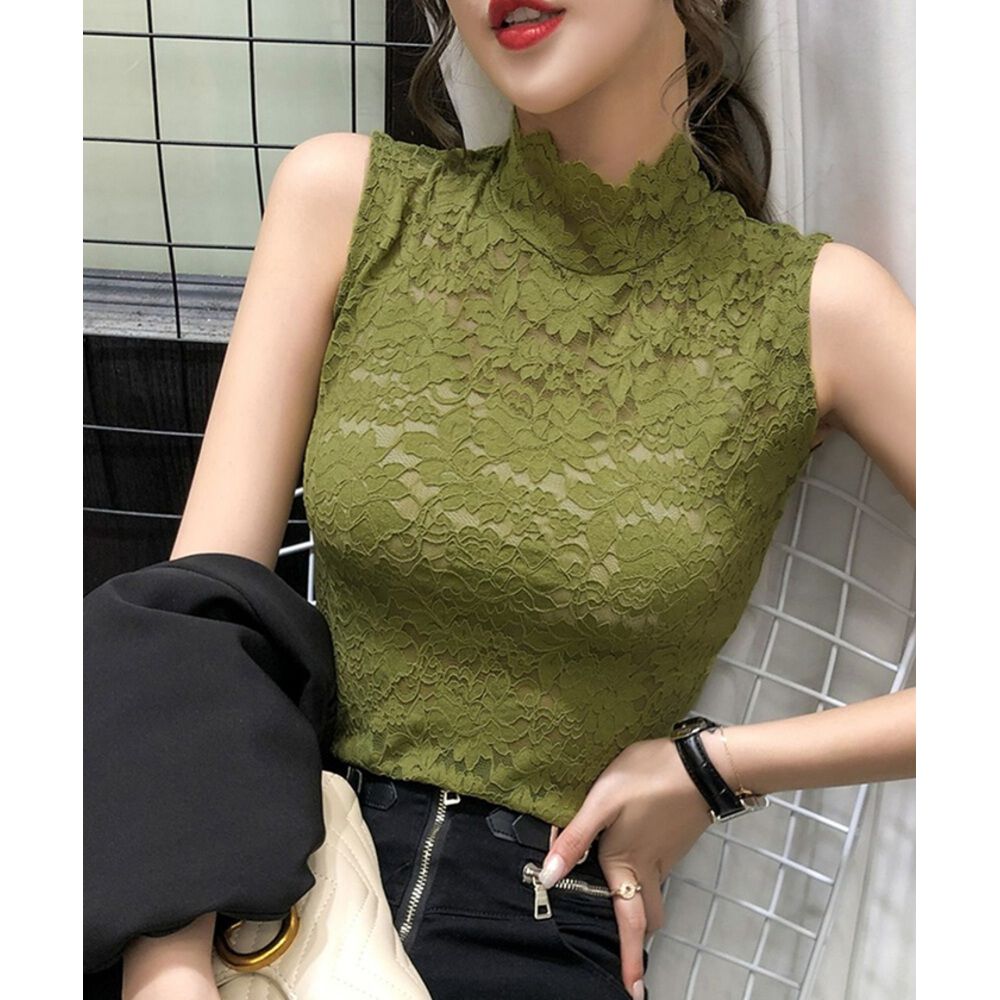 BACKYARD FAMILY「ハイネック レース タンクトップ 通販 ノースリーブ 透け感 トップス ハイネックレースインナー」|その他|グリーン1