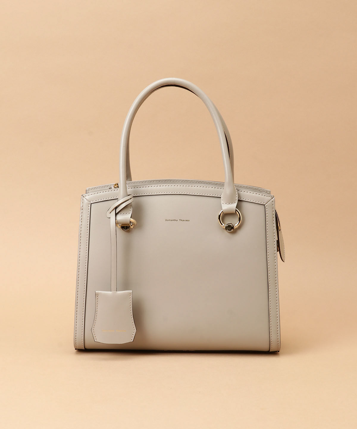 Samantha Thavasa「サークル金具デザイン レザースクエアバッグ 大サイズ」|ハンドバッグ|グレージュ