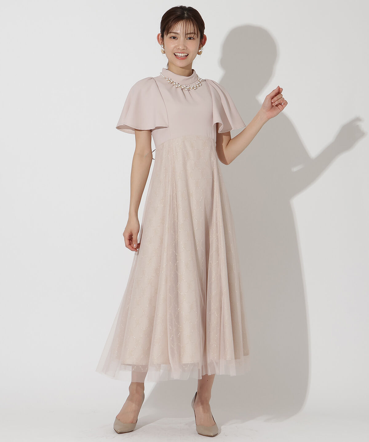 アンドクチュール「バスト切替ゴールドチュールドレス」|ドレス|ピンク