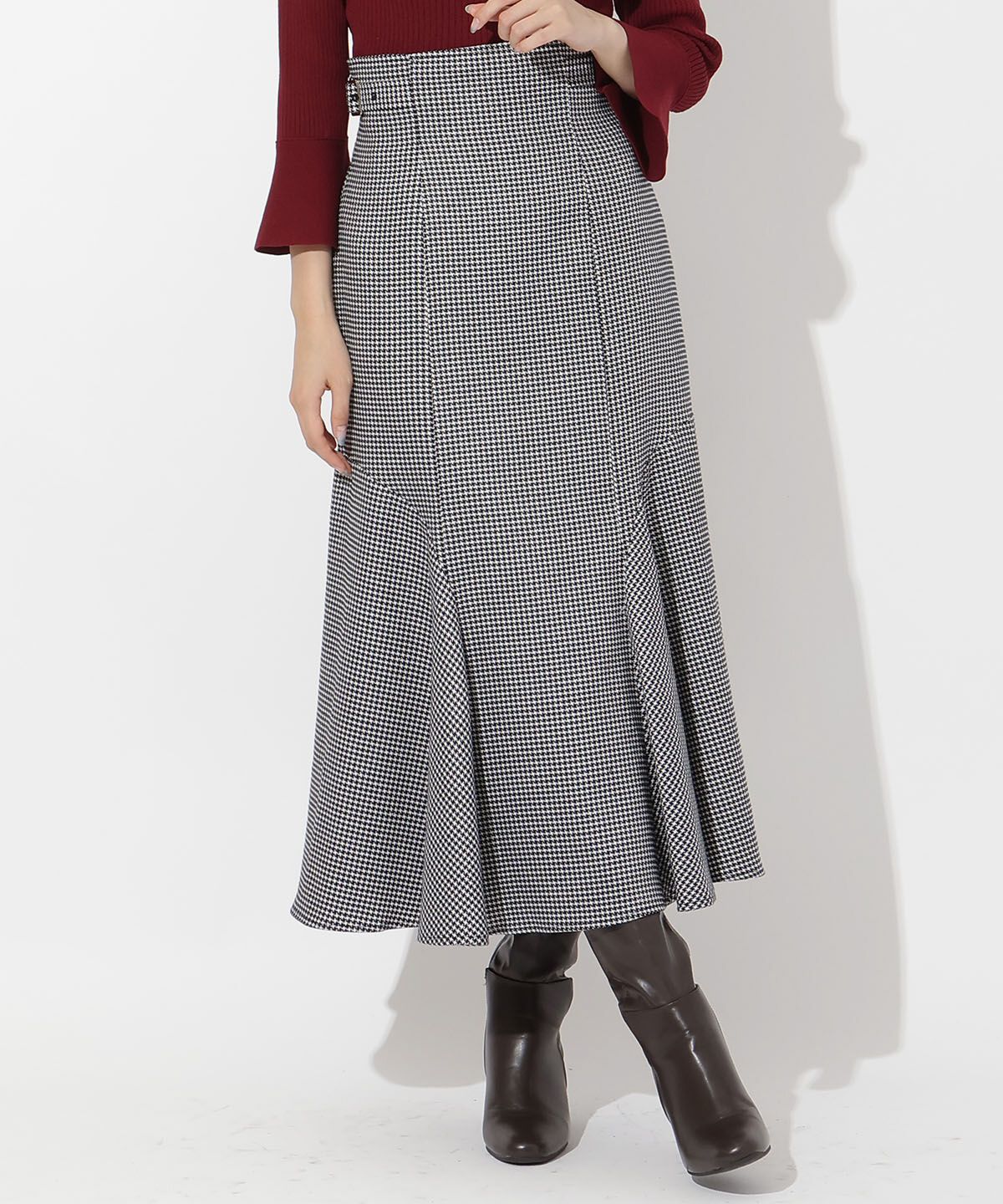 アンドクチュール「サイドベルト千鳥切替スカート」|フレア|