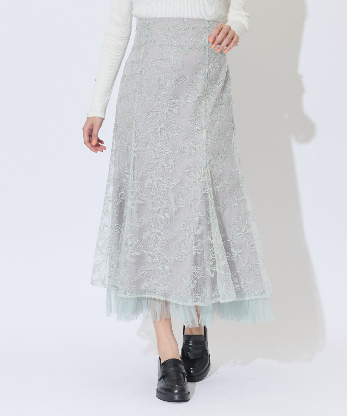アンドクチュール「チュールヘムフローラルスカート」|フレア|ミント