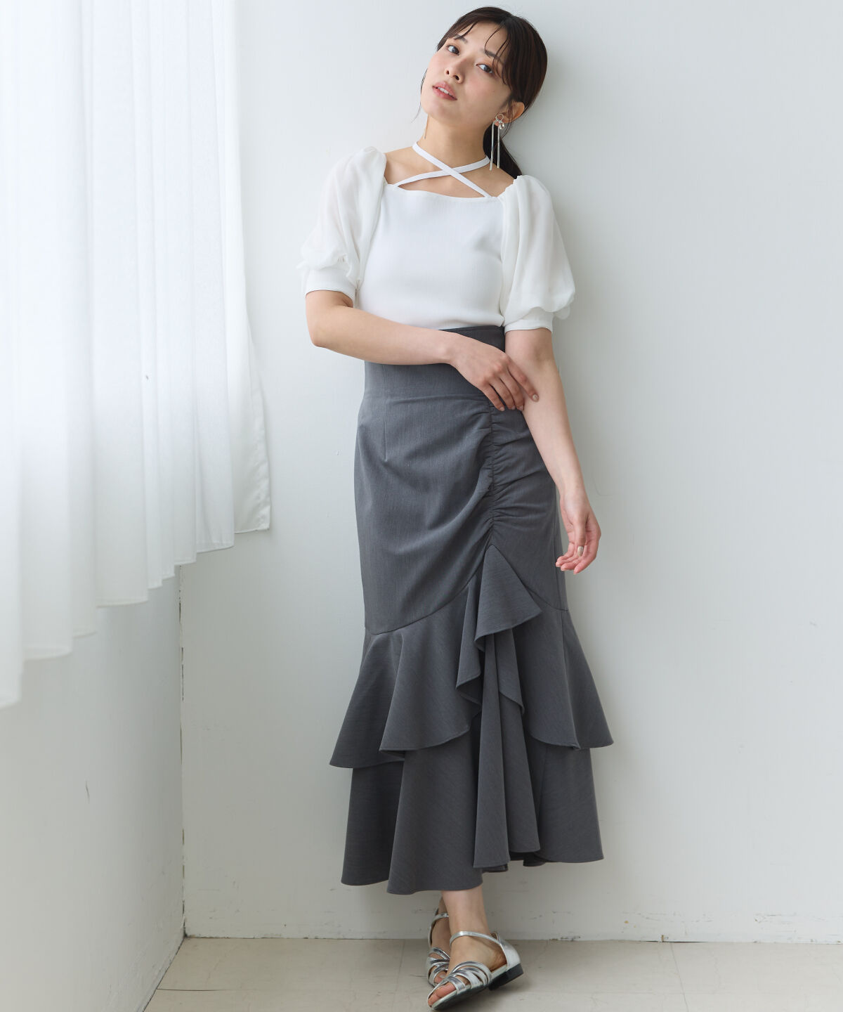 アンドクチュール「アシメギャザーフリルマーメイドスカート」|タイト|