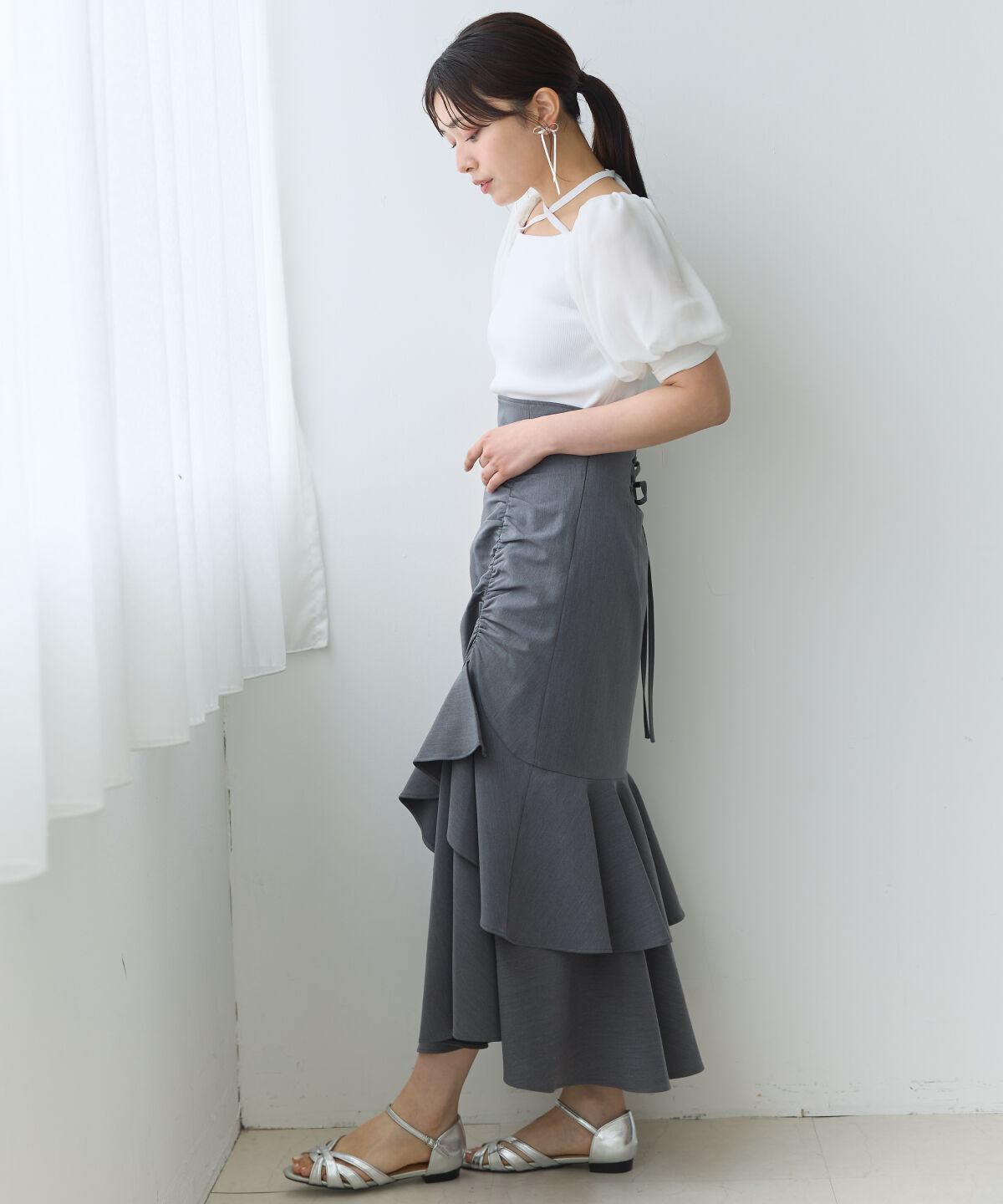 アンドクチュール「アシメギャザーフリルマーメイドスカート」|タイト|