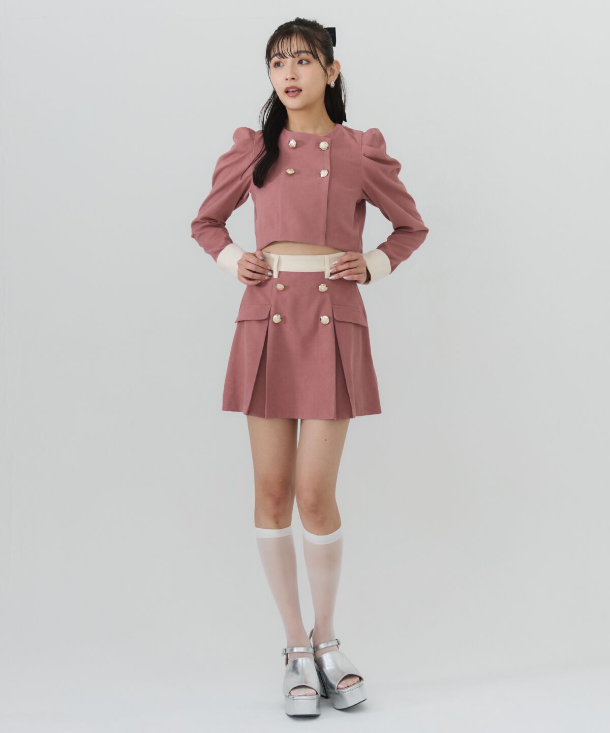 REDYAZEL「ダブルボタンバイカラーミニスカート」|フレア|