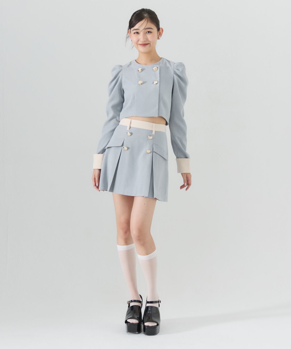 REDYAZEL「ダブルボタンバイカラーミニスカート」|フレア|